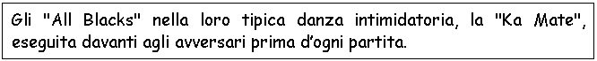 Text Box: Gli "All Blacks" nella loro tipica danza intimidatoria, la "Ka Mate", eseguita davanti agli avversari prima d'ogni partita.

